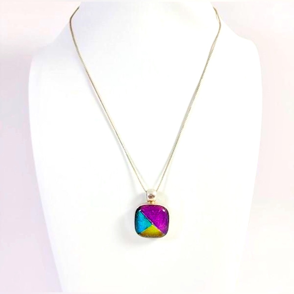 Sterling 925 Silver Box Chain Necklace w/ Dichroitic Multicolor Glass Pendant